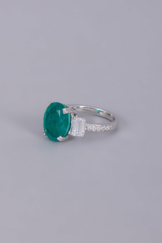 White Finish Semi-Precious Green Stone Ring In Sterling Silver