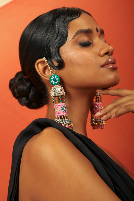 Pink & Emerald Hand Embroidered Jhumka Earrings