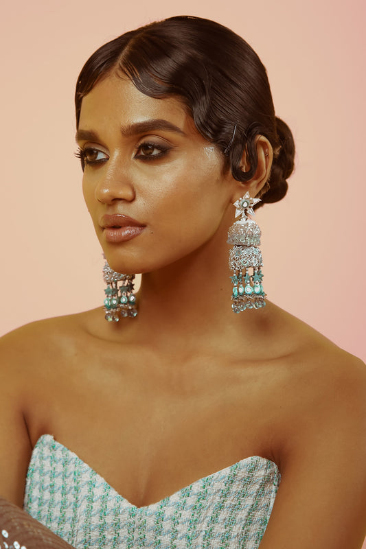 Silver & Aqua Hand Embroidered Jhumka Earrings