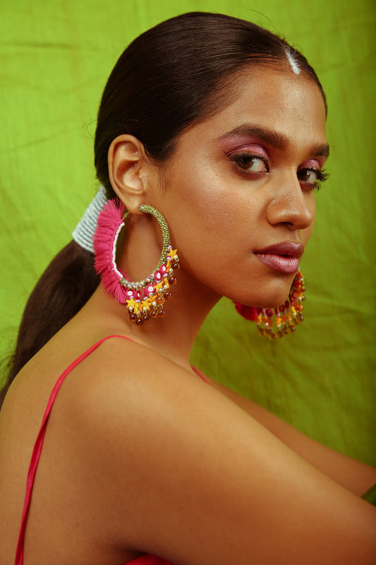Multi-Colored Hand Embroidered Tasseled Hoop Earrings