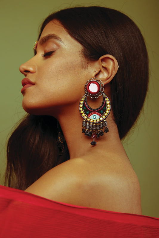 Multi-Colored Hand Embroidered Tasseled Chandbali Earrings