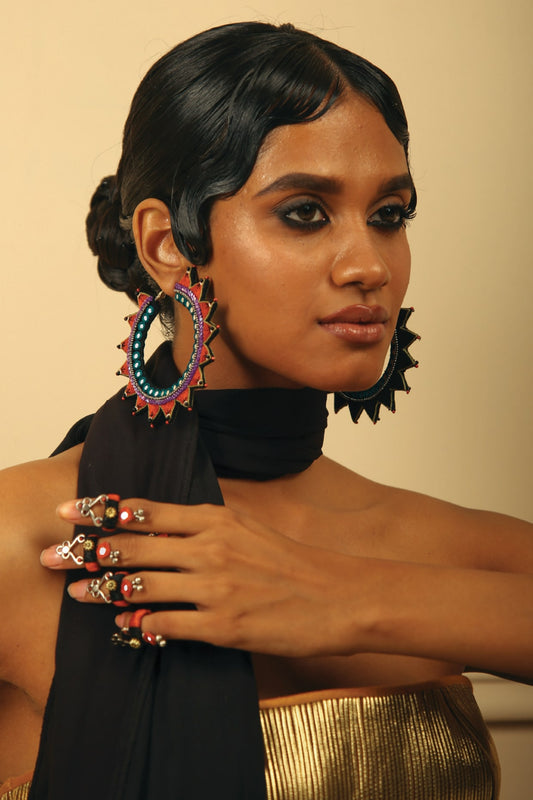 Black & Rust Hand Embroidered Tip Rings (Set of 5)