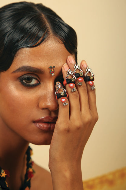 Black & Rust Hand Embroidered Tip Rings (Set of 5)