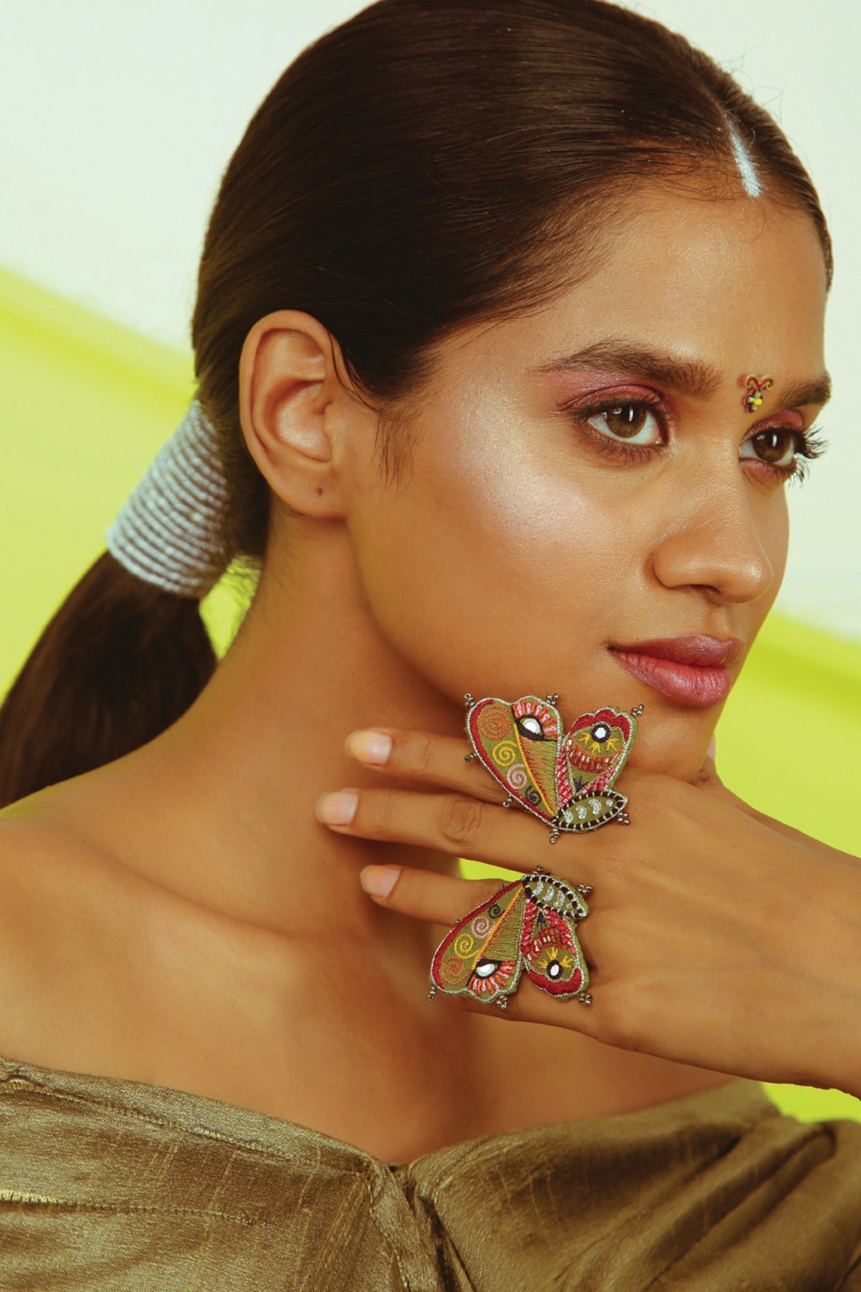 Multi-Colored Hand Embroidered Moth Rings (Set of 2)