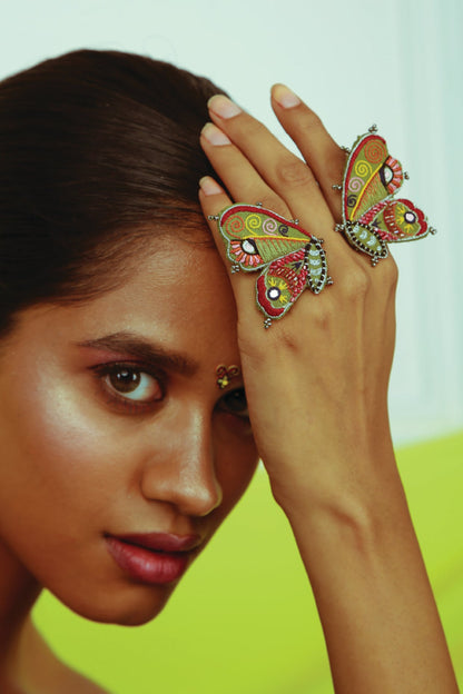 Multi-Colored Hand Embroidered Moth Rings (Set of 2)