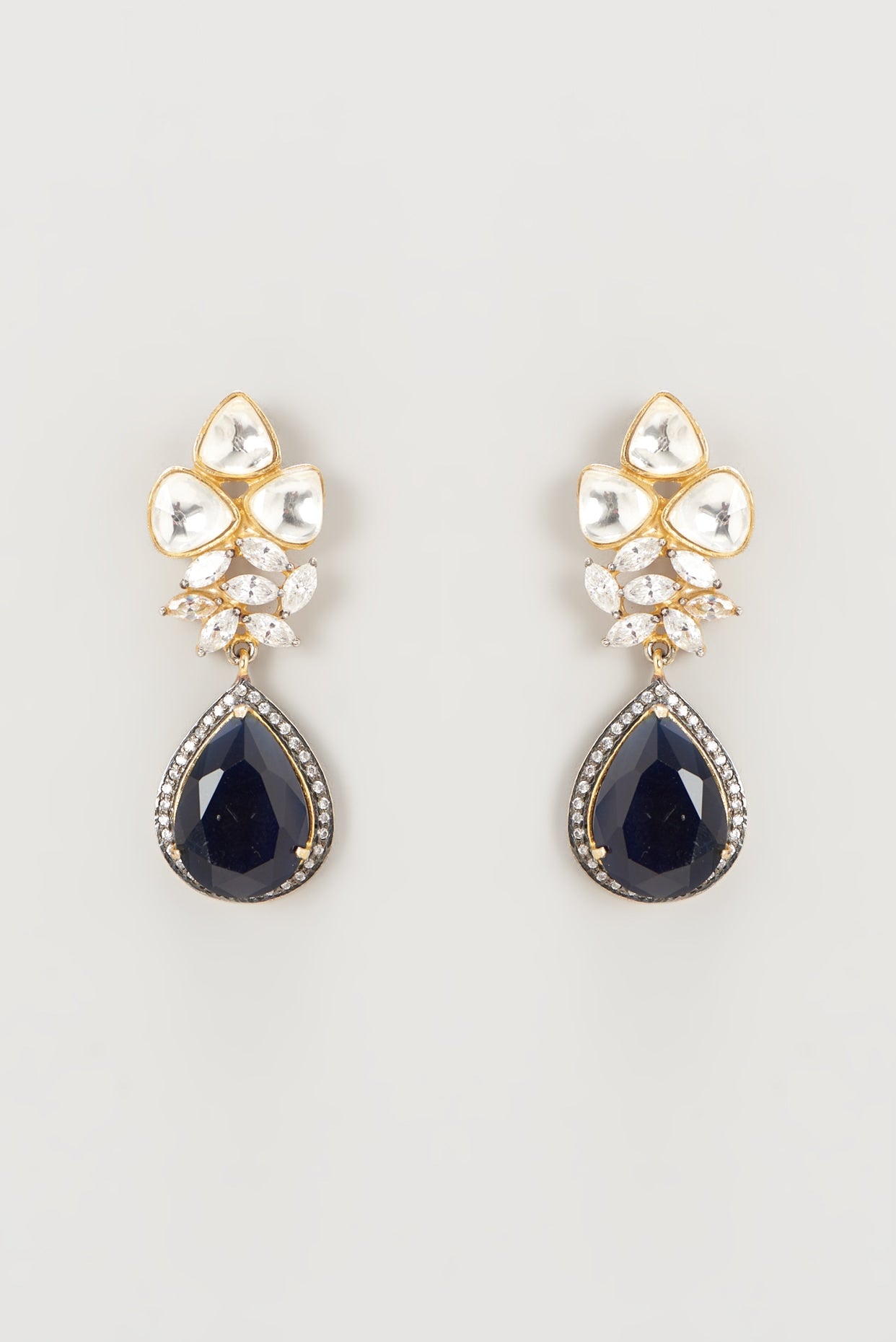 Gold Finish Blue Agate & Kundan Polki Dangler Earrings