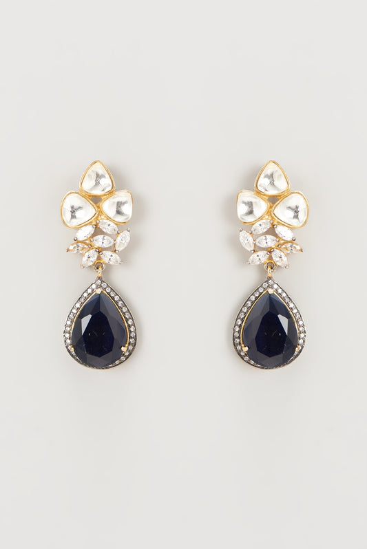 Gold Finish Blue Agate & Kundan Polki Dangler Earrings