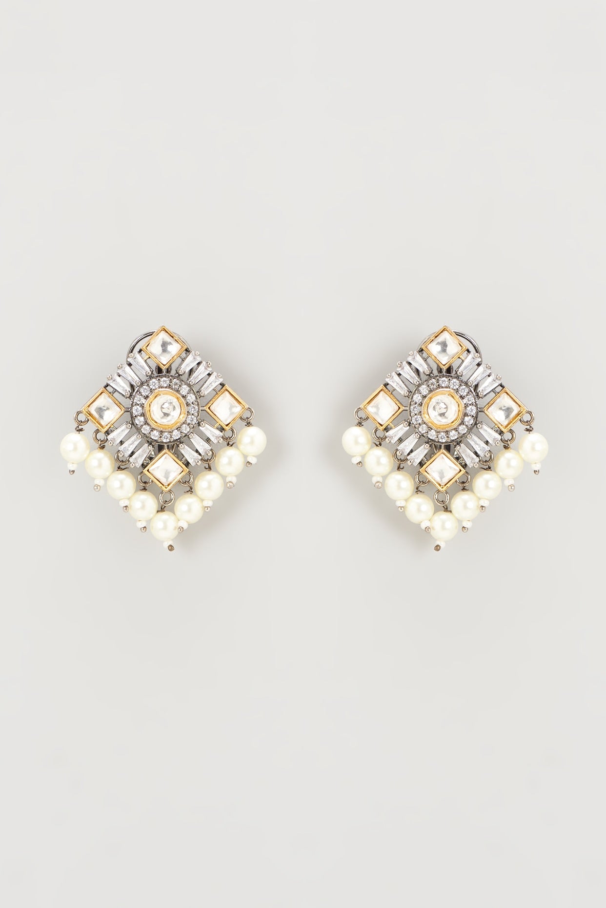 Two Tone Finish Kundan Polki & Pearl Stud Earrings