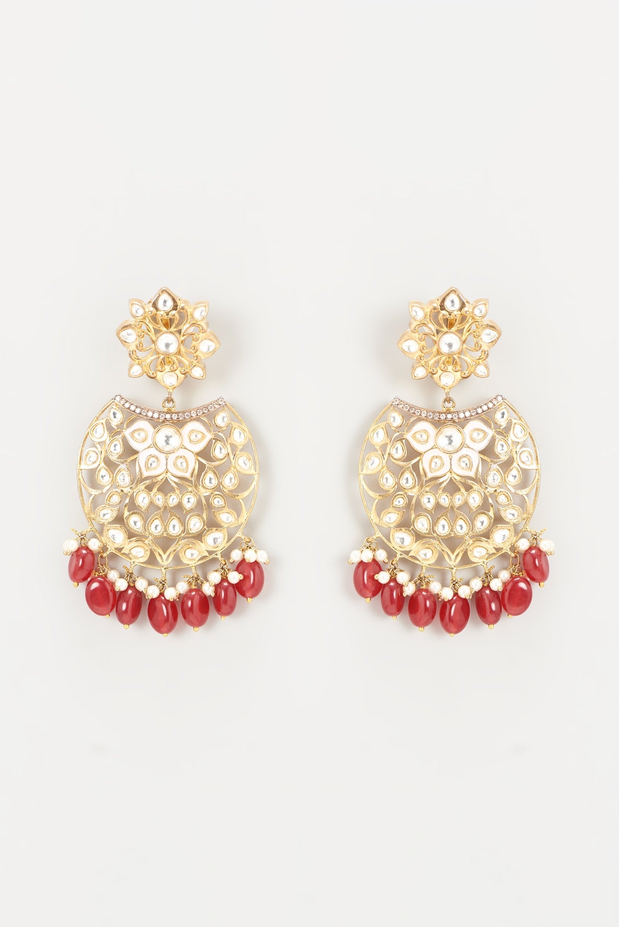 Gold Finish Red Bead & Kundan Polki Dangler Earrings