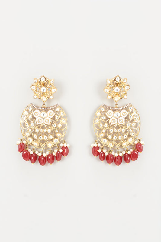 Gold Finish Red Bead & Kundan Polki Dangler Earrings