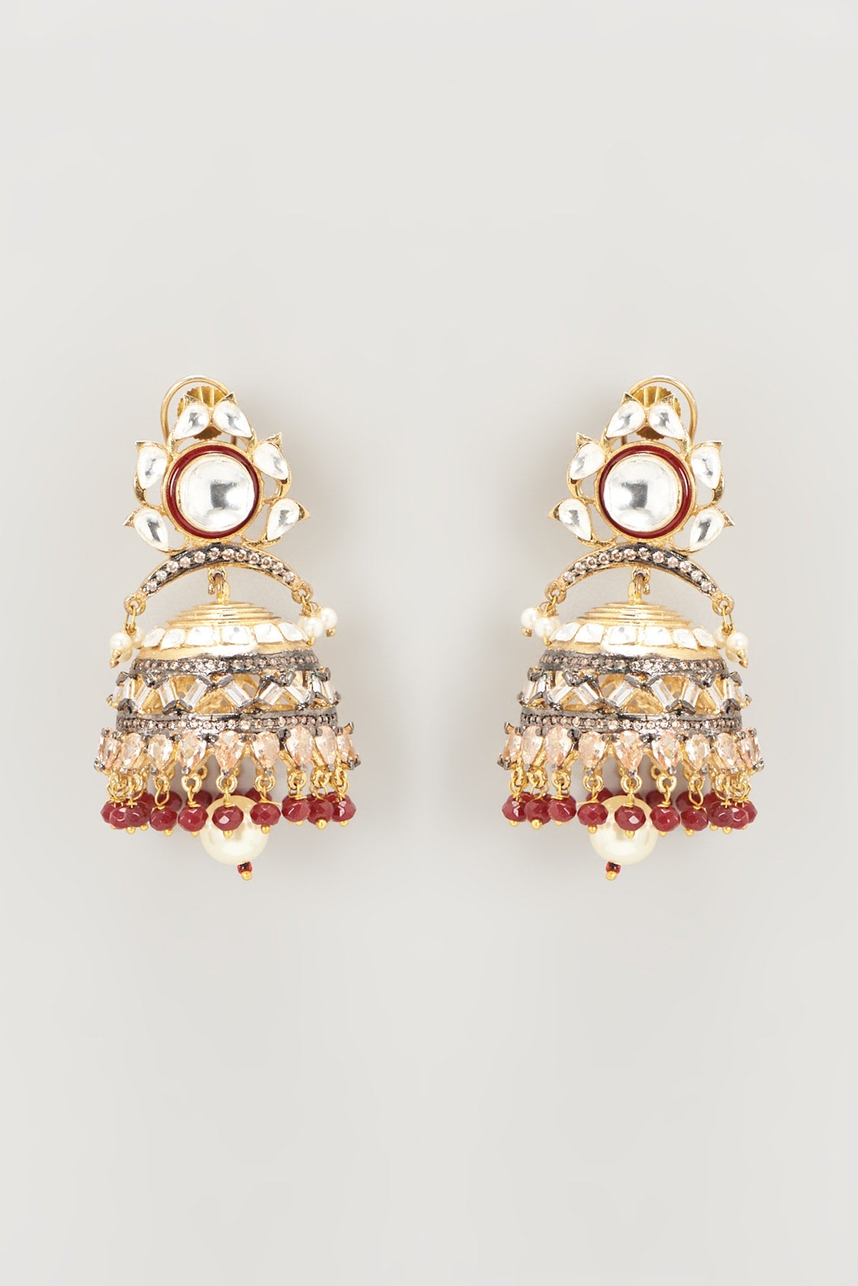 Gold Finish Red Kundan Polki Jhumka Earrings