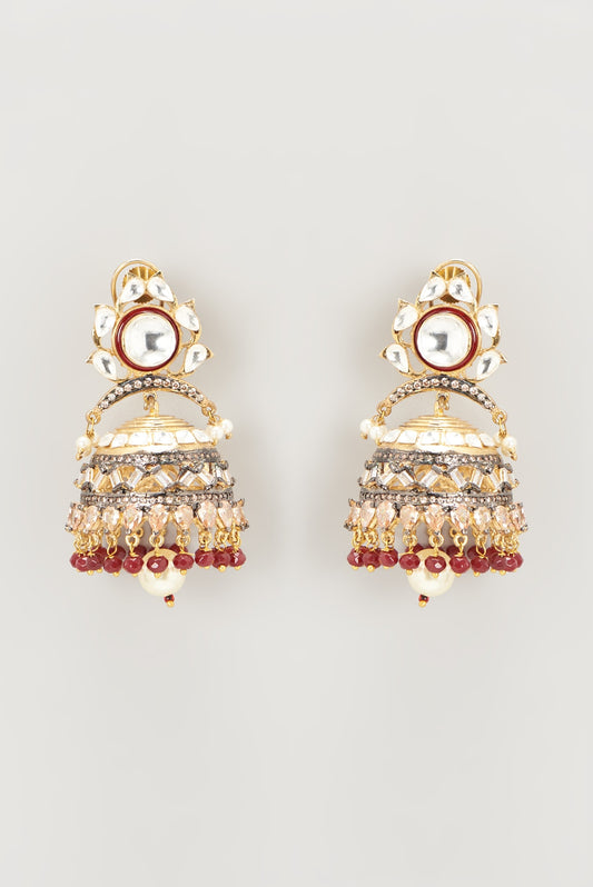 Gold Finish Red Kundan Polki Jhumka Earrings