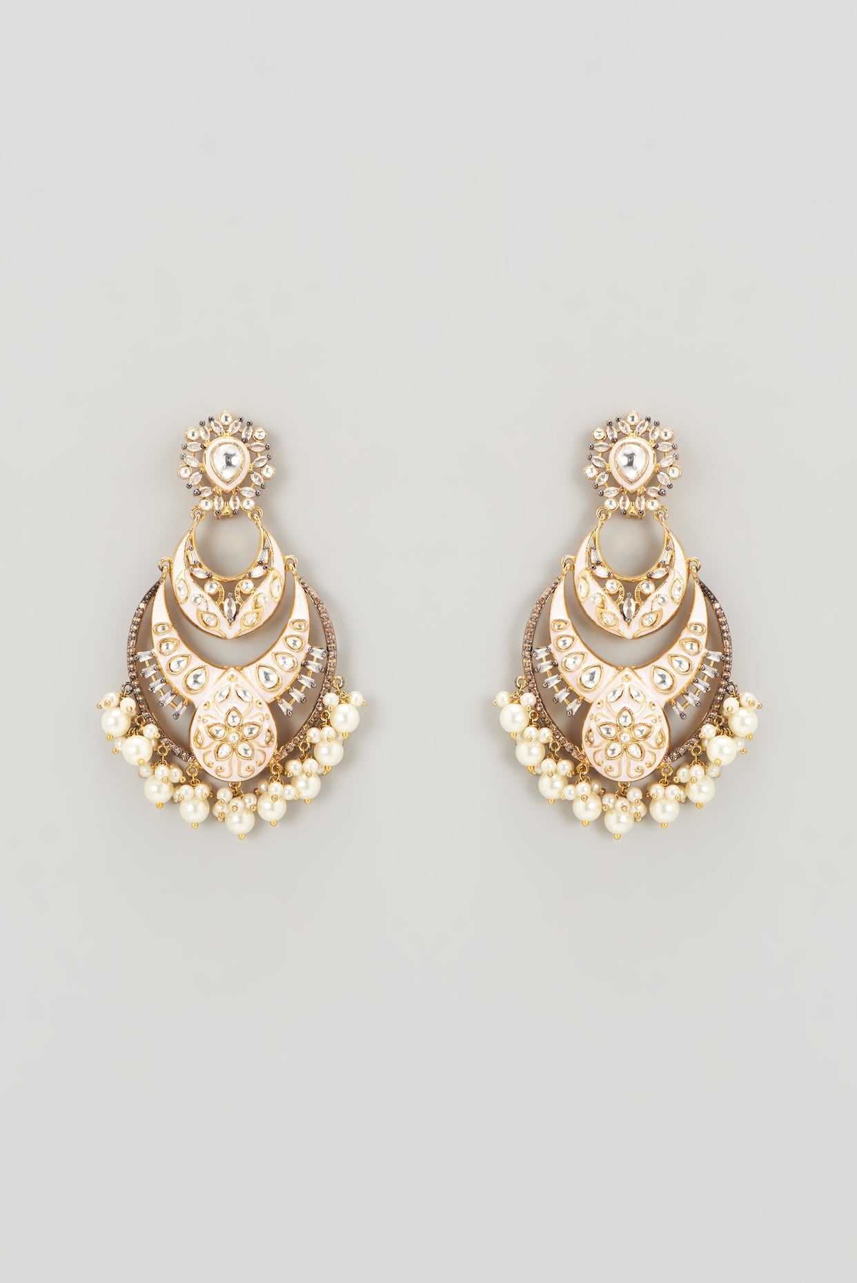 Gold Finish Pink Enameled Kundan Polki Chandbali Earrings