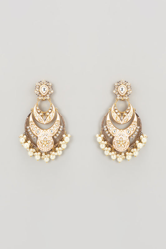 Gold Finish Pink Enameled Kundan Polki Chandbali Earrings