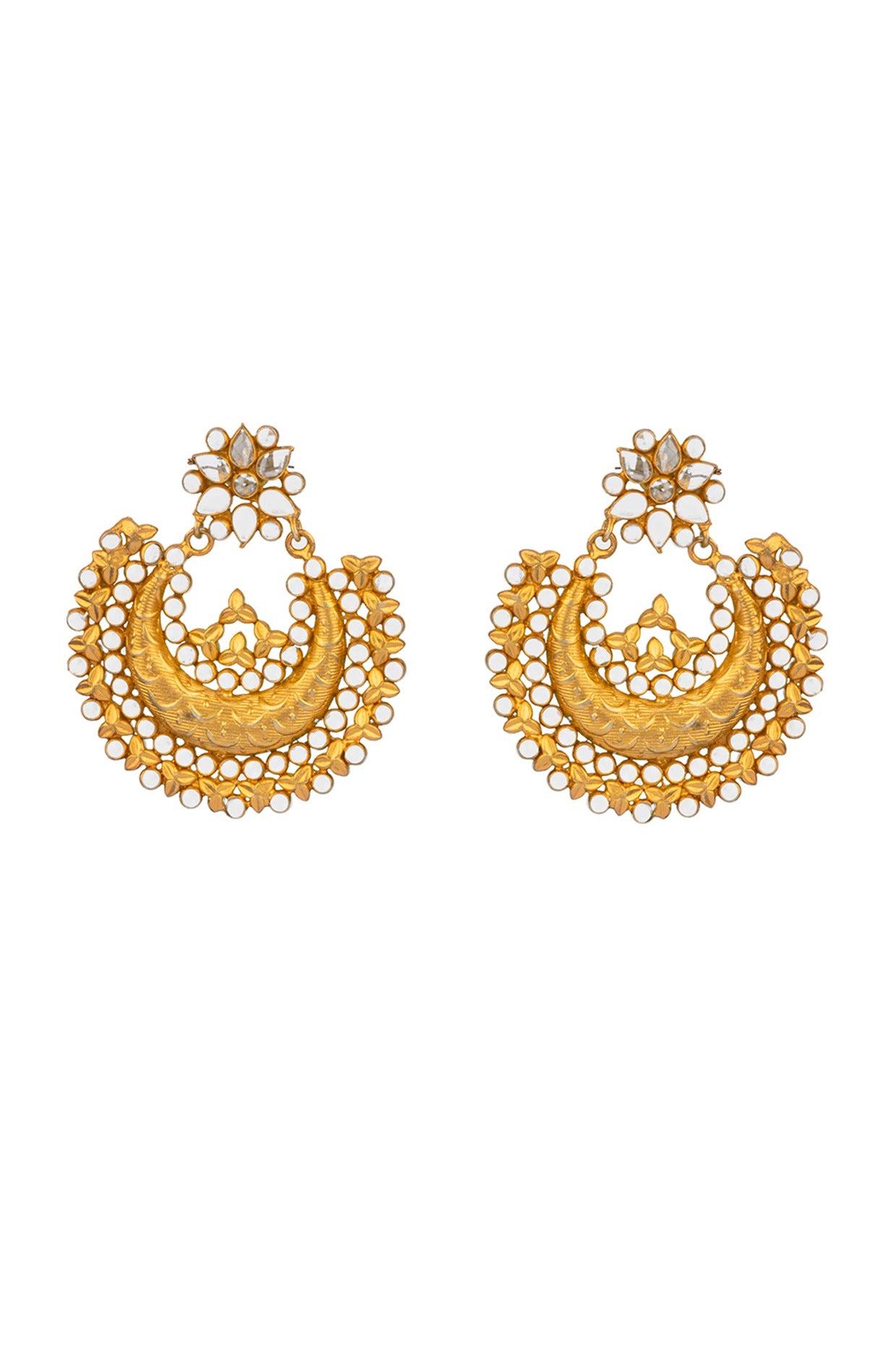 Gold Finish Kundan Polki Chandbali Earrings In 92.5 Sterling Silver