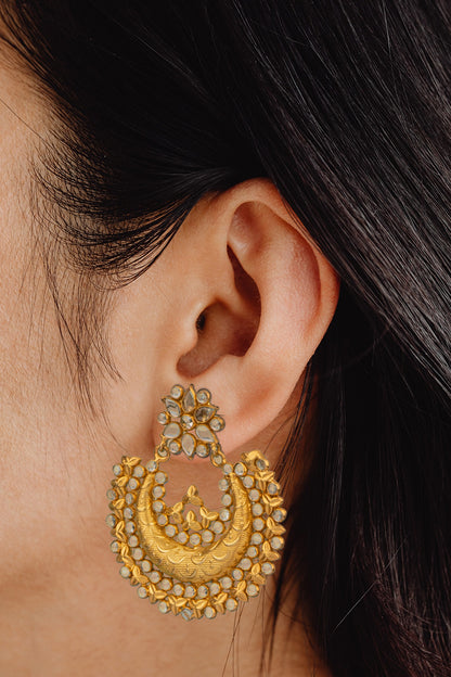 Gold Finish Kundan Polki Chandbali Earrings In 92.5 Sterling Silver