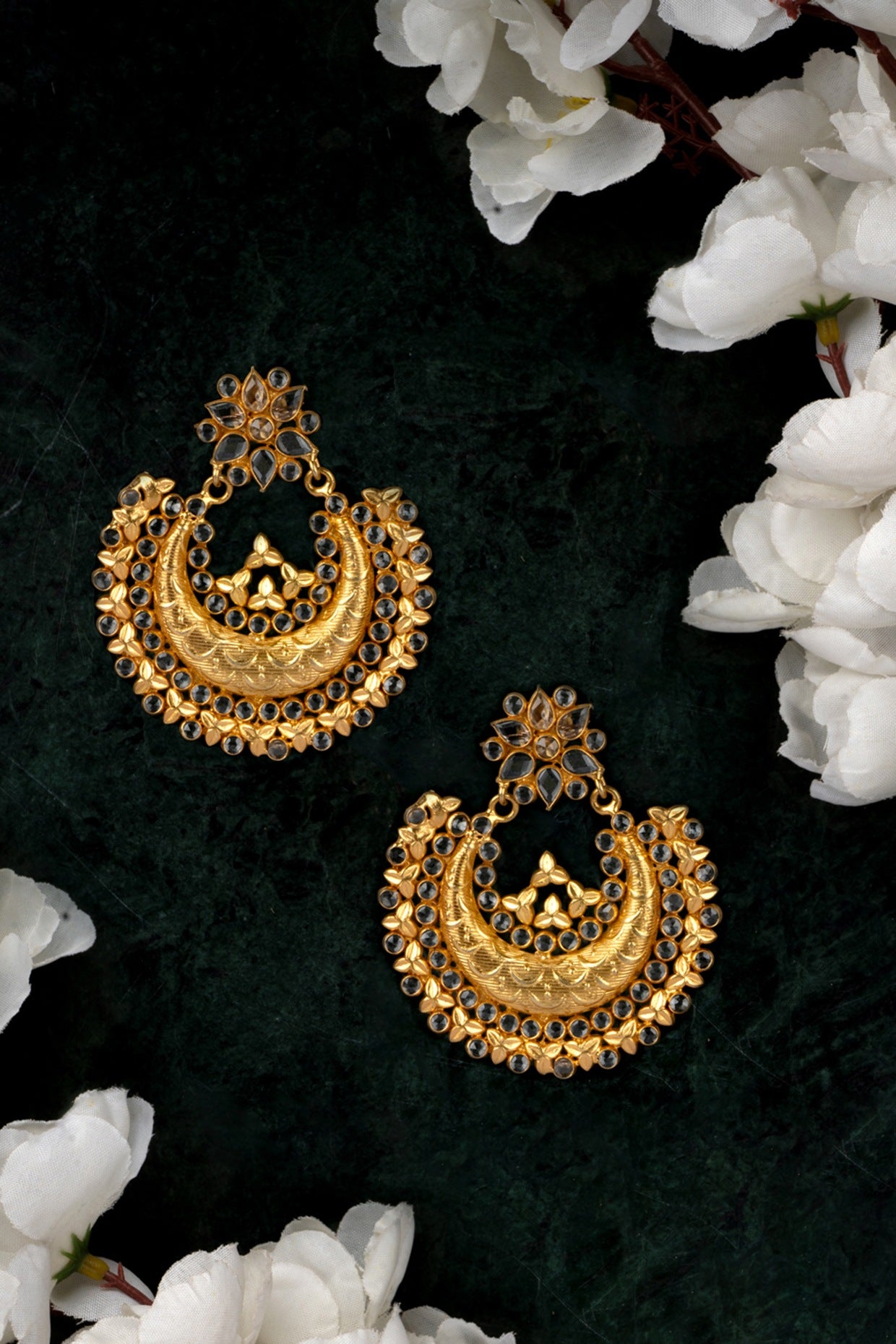Gold Finish Kundan Polki Chandbali Earrings In 92.5 Sterling Silver