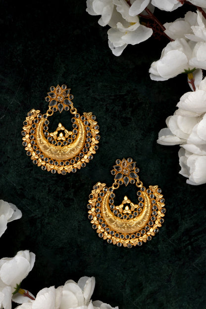 Gold Finish Kundan Polki Chandbali Earrings In 92.5 Sterling Silver