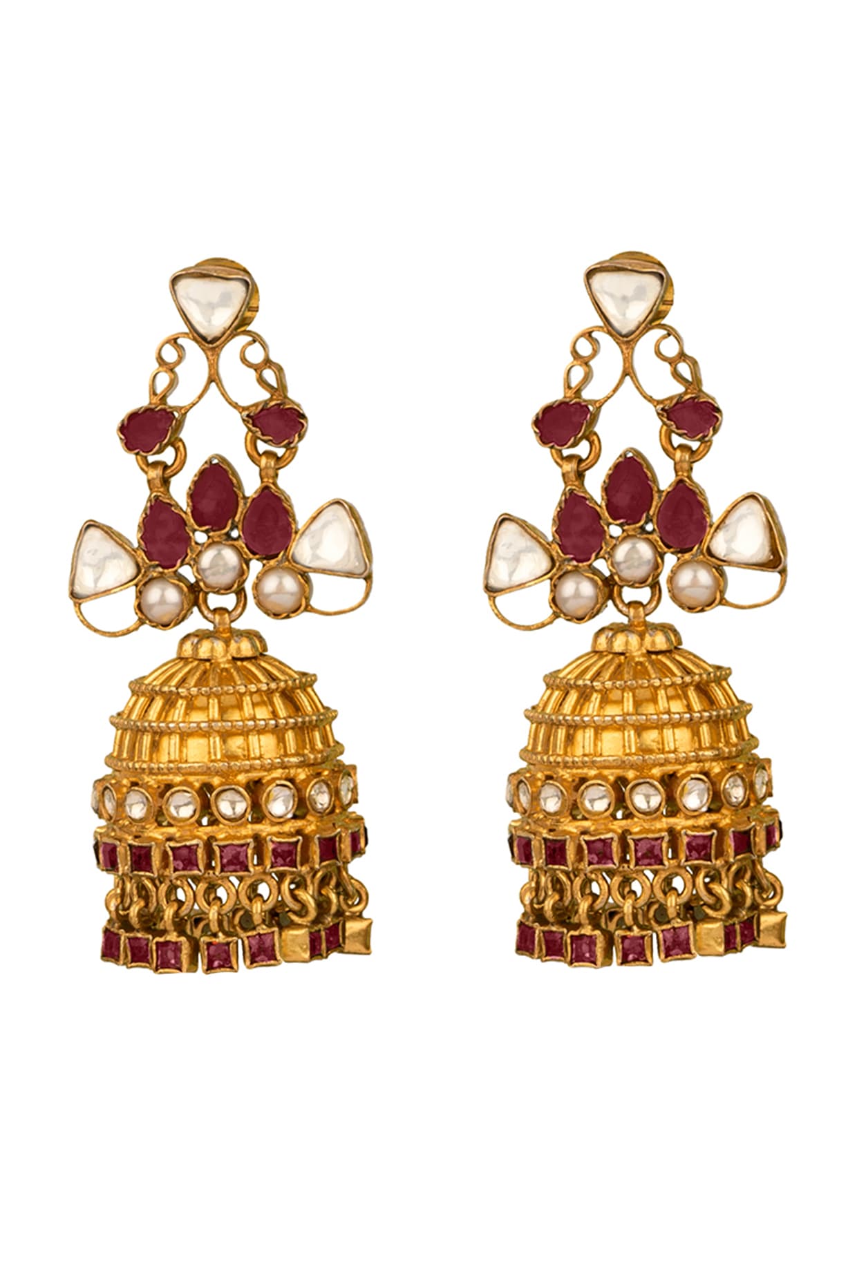 Gold Finish Kundan Polki Jhumka Earrings In 92.5 Sterling Silver