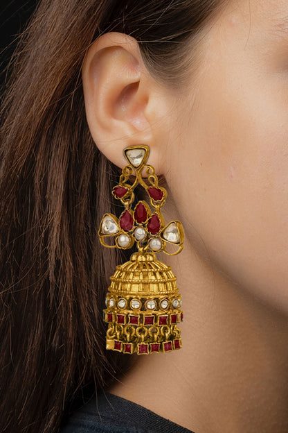 Gold Finish Kundan Polki Jhumka Earrings In 92.5 Sterling Silver