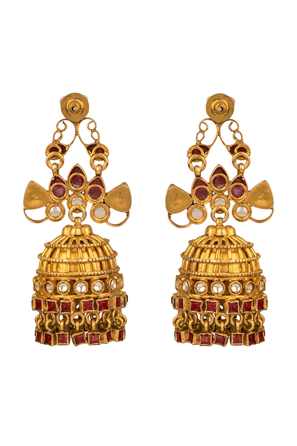 Gold Finish Kundan Polki Jhumka Earrings In 92.5 Sterling Silver