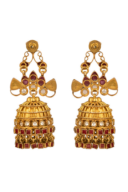 Gold Finish Kundan Polki Jhumka Earrings In 92.5 Sterling Silver