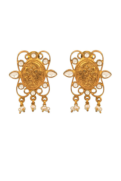 Gold Finish Kundan Polki Stud Earrings In 92.5 Sterling Silver