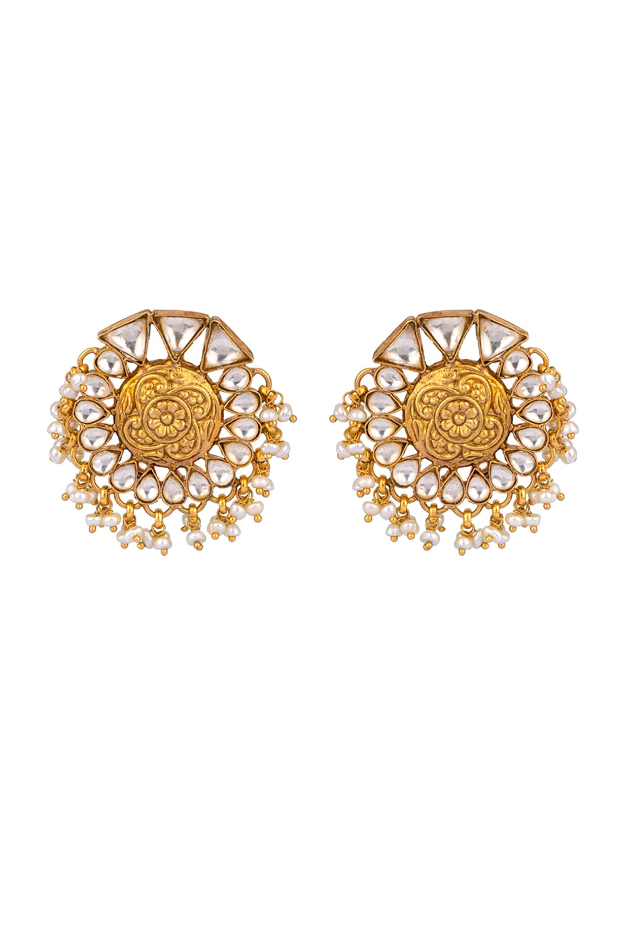 Gold Finish Kundan Floral Stud Earrings In 92.5 Sterling Silver