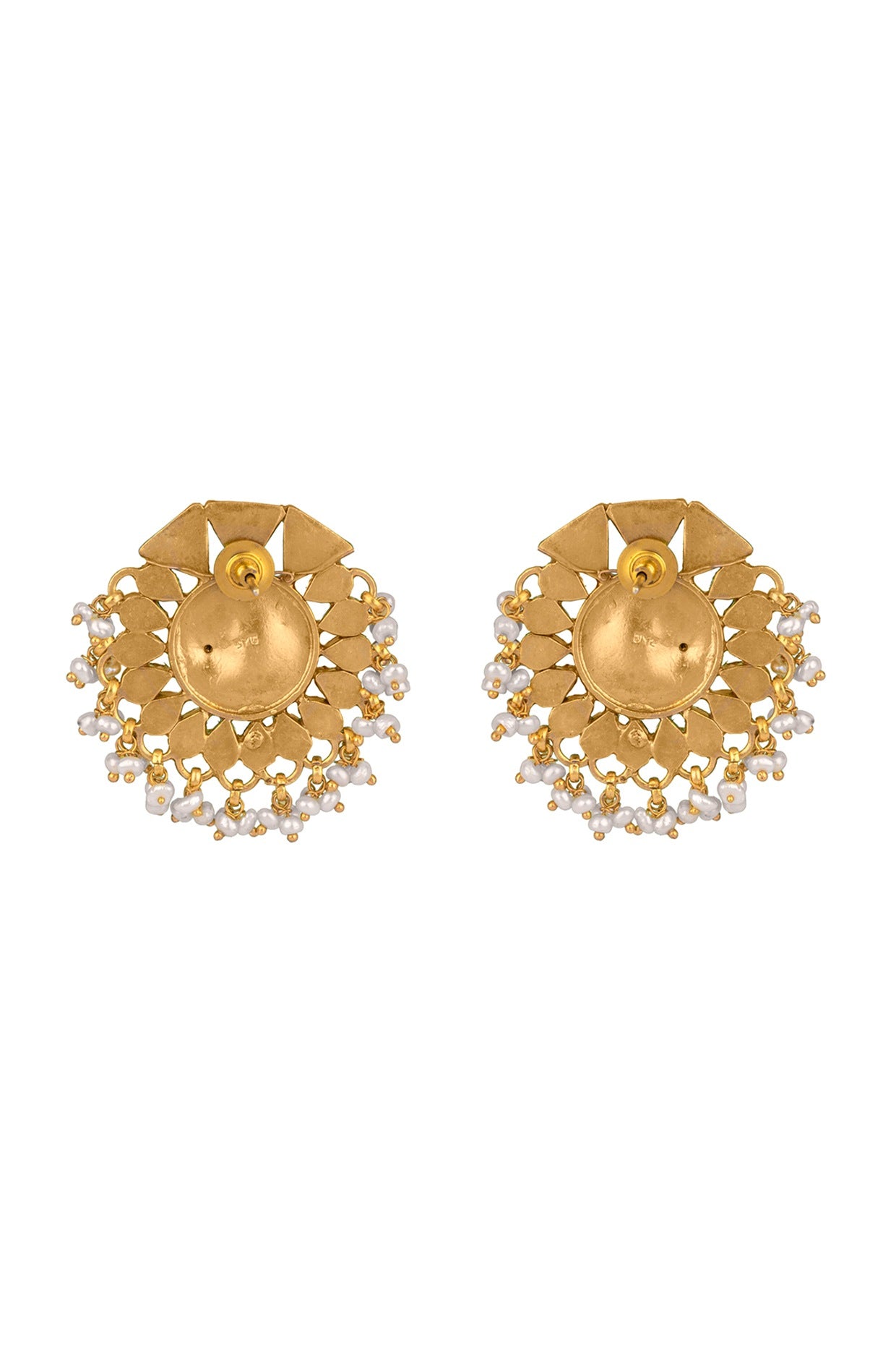 Gold Finish Kundan Floral Stud Earrings In 92.5 Sterling Silver