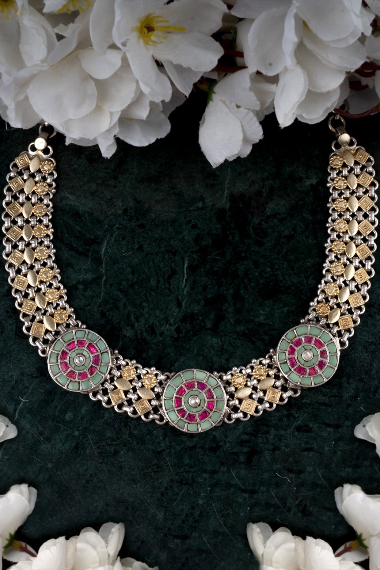 Two-Tone Finish Kundan Polki Necklace In 92.5 Sterling Silver