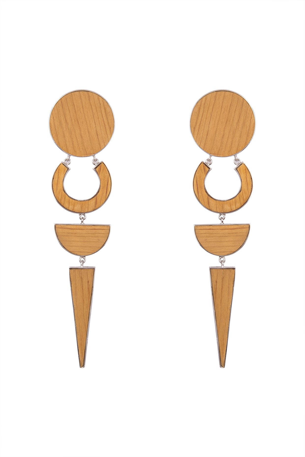 White Finish Handcrafted Wood Geometric Long Earrings
