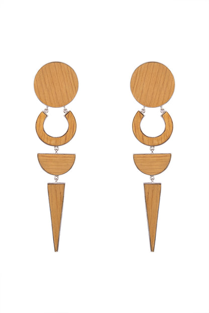 White Finish Handcrafted Wood Geometric Long Earrings
