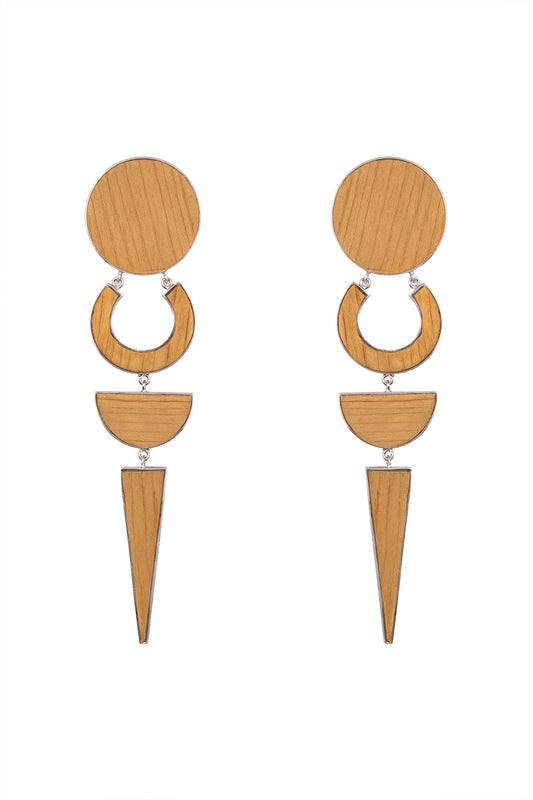 White Finish Handcrafted Wood Geometric Long Earrings