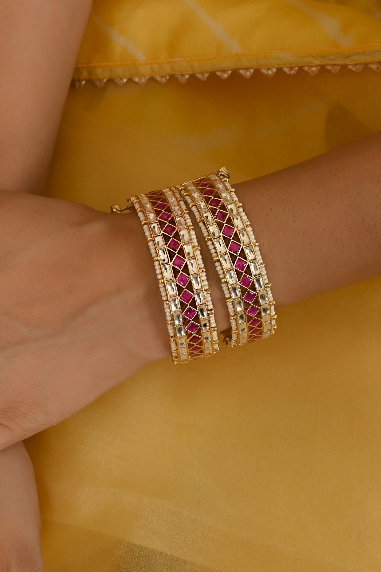 Micro Gold Finish Pink Kundan Polki Bangles (Set of 2)