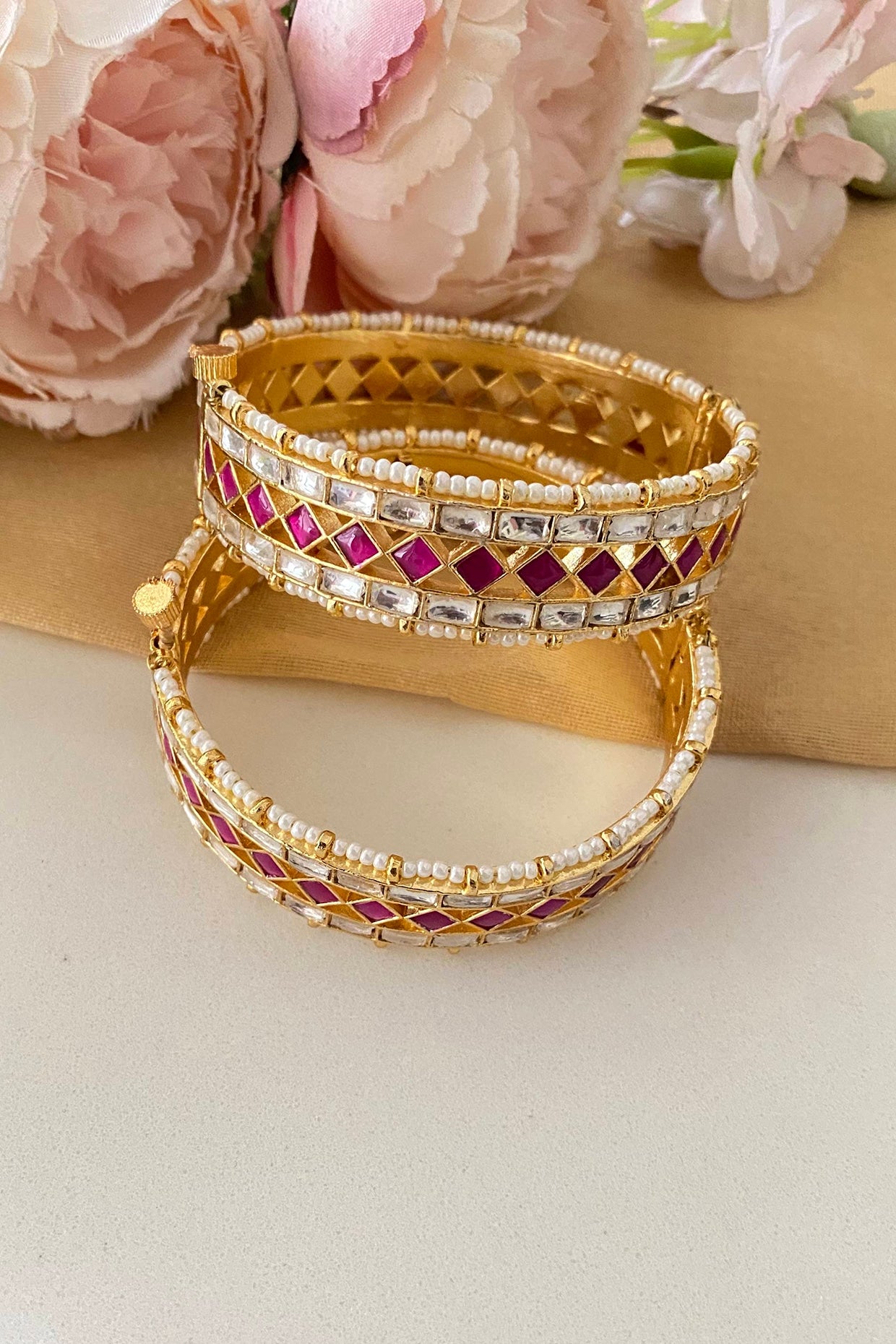 Micro Gold Finish Pink Kundan Polki Bangles (Set of 2)