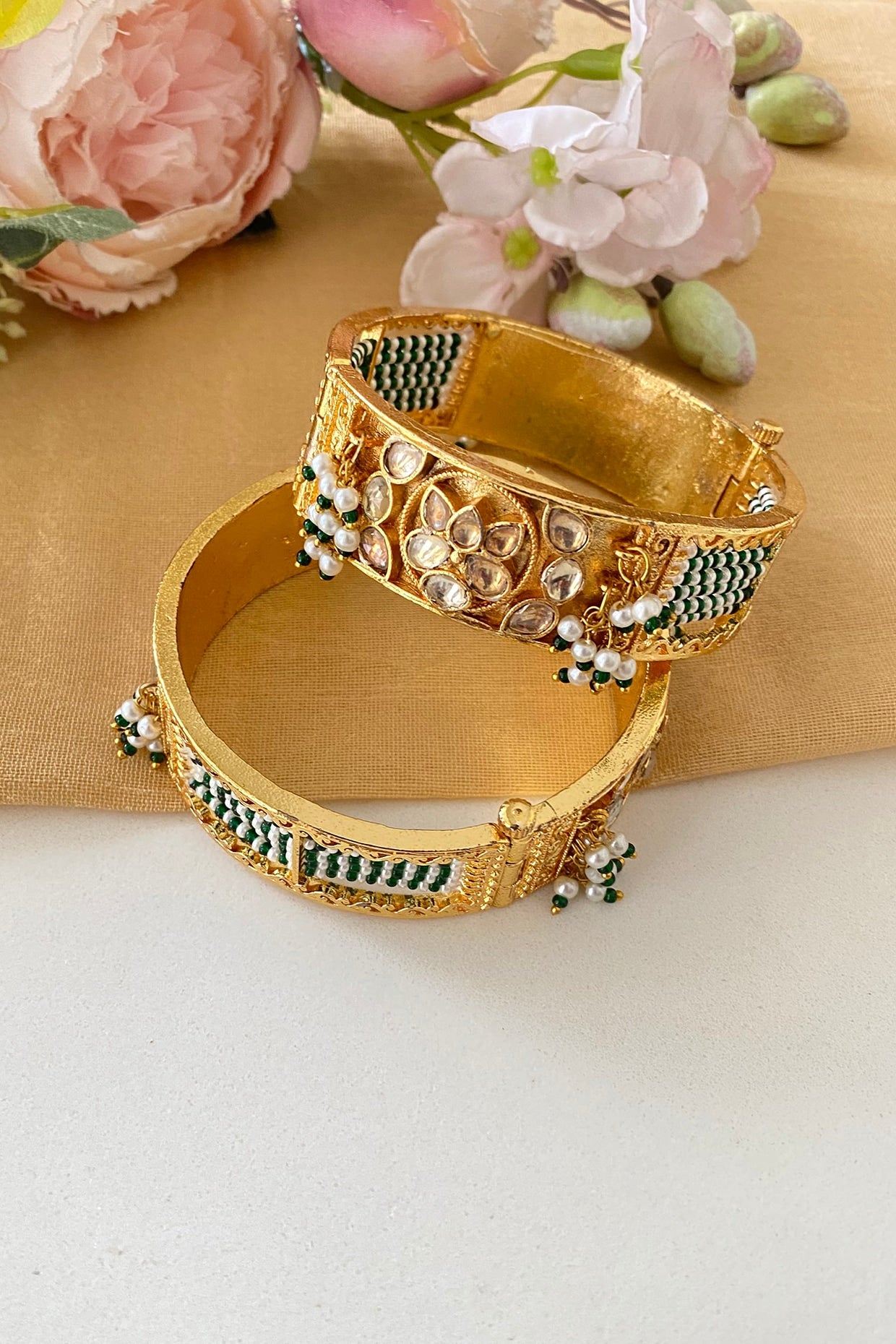 Micro Gold Finish Kundan Polki & Green Stone Bangles (Set Of 2)