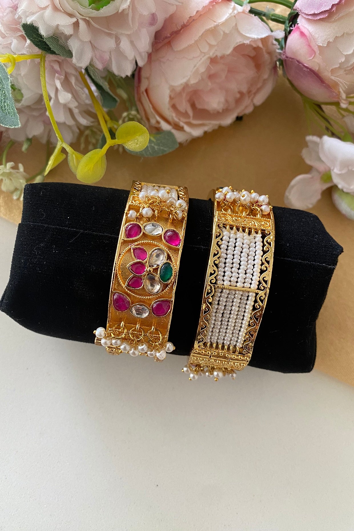 Micro Gold Finish Kundan Polki & Pink Stone Bangles (Set Of 2)