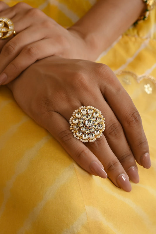 Micro Gold Finish Kundan Polki Adjustable Ring