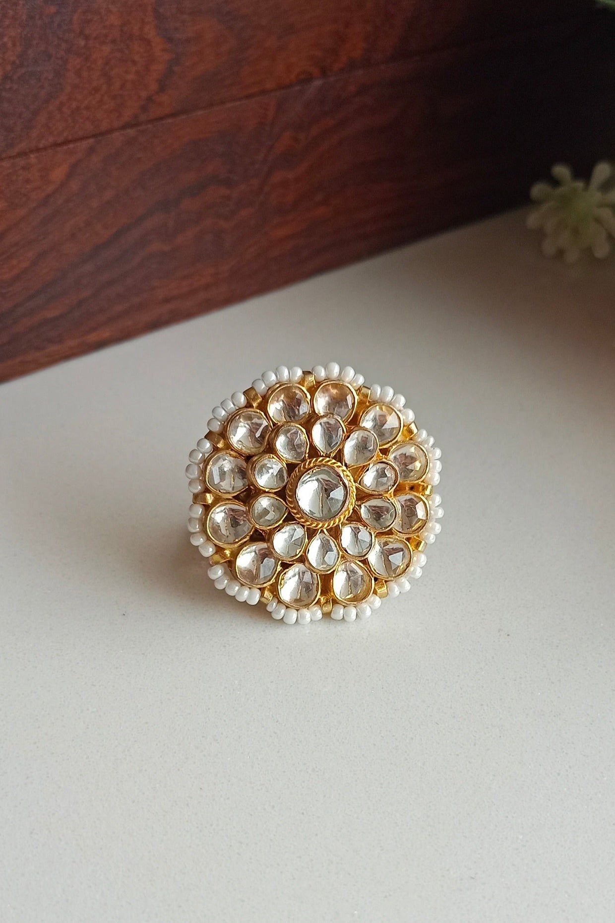 Micro Gold Finish Kundan Polki Adjustable Ring