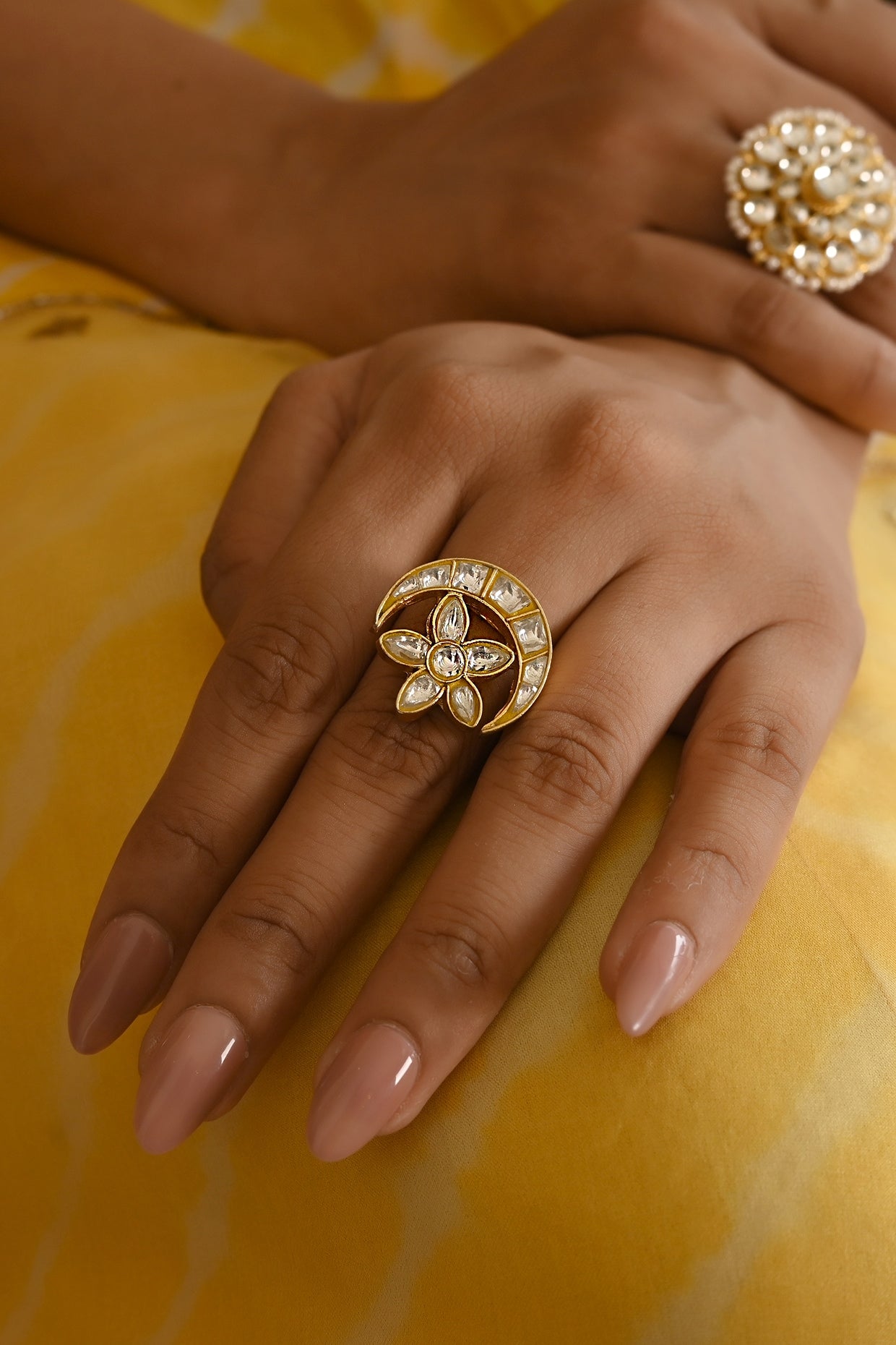 Micro Gold Finish Kundan Polki Adjustable Ring