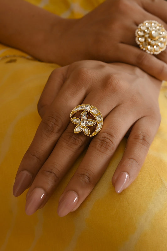 Micro Gold Finish Kundan Polki Adjustable Ring