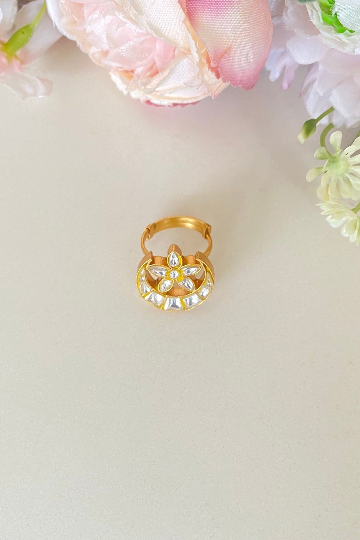 Micro Gold Finish Kundan Polki Adjustable Ring