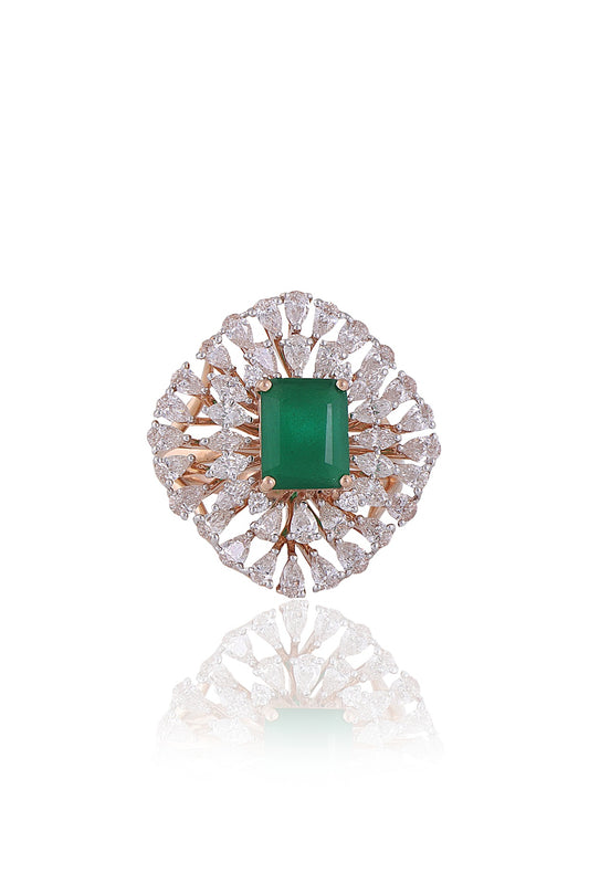 Rose Gold Plated Diamond & Green Stone Ring