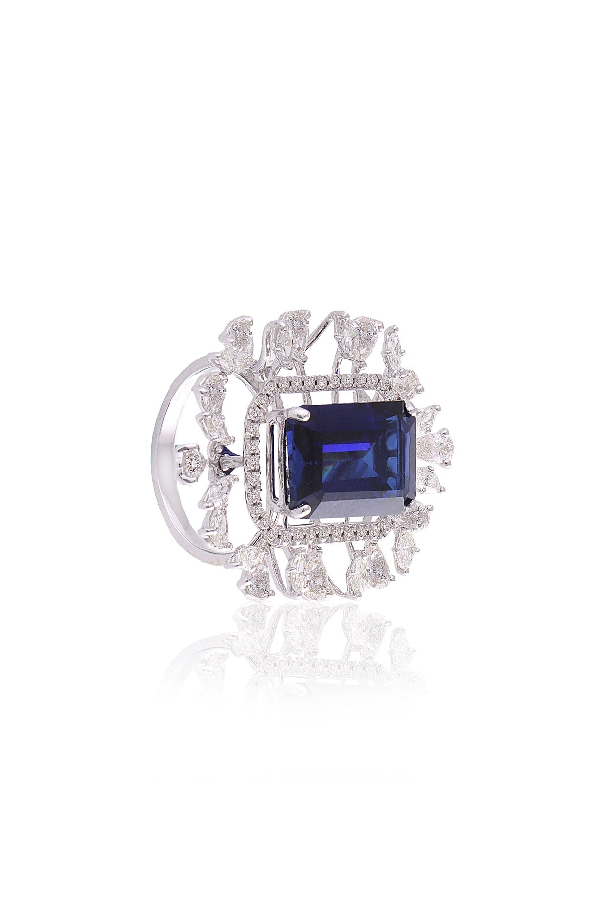 White Plated Diamond & Blue Stone Ring