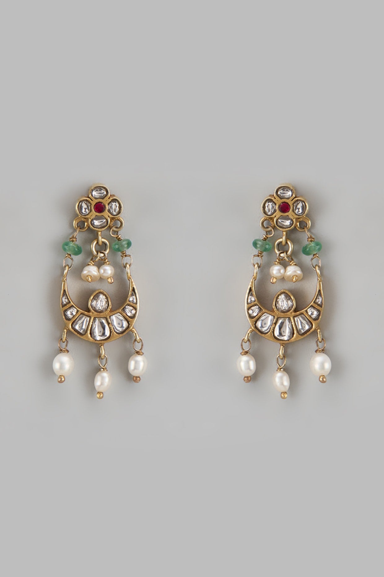 Gold Finish Kundan Polki & Rice Pearl Chandbali Earrings In Sterling Silver