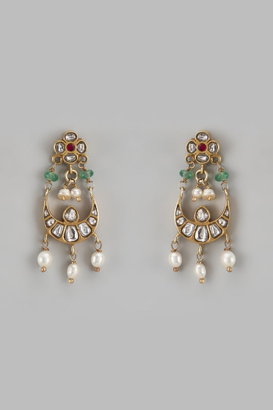 Gold Finish Kundan Polki & Rice Pearl Chandbali Earrings In Sterling Silver