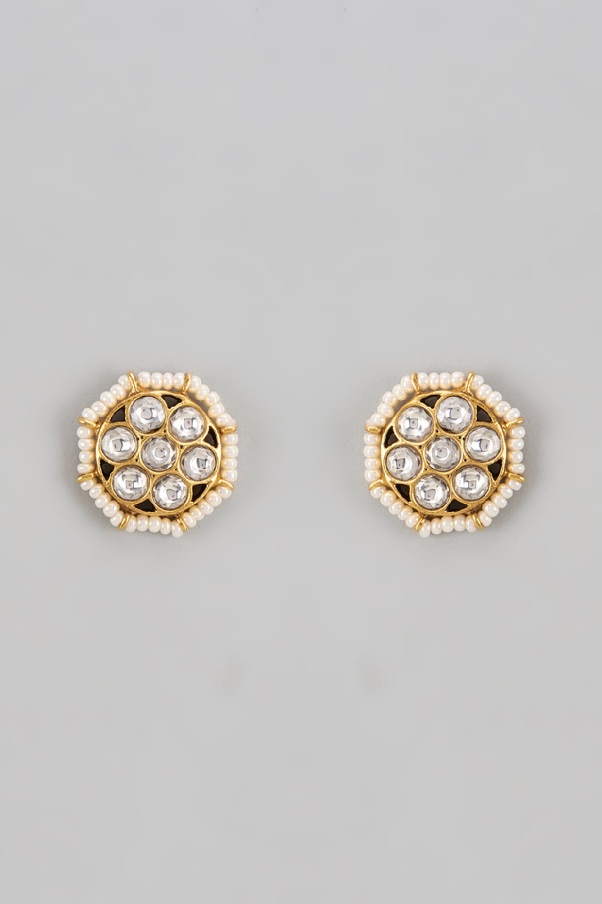 Gold Finish Kundan Polki & Seed Pearl Floral Stud Earrings In Sterling Silver