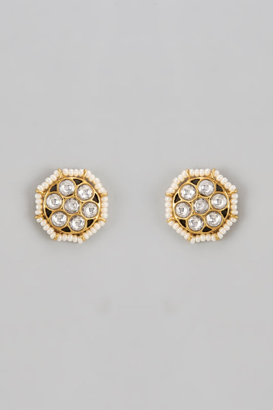 Gold Finish Kundan Polki & Seed Pearl Floral Stud Earrings In Sterling Silver