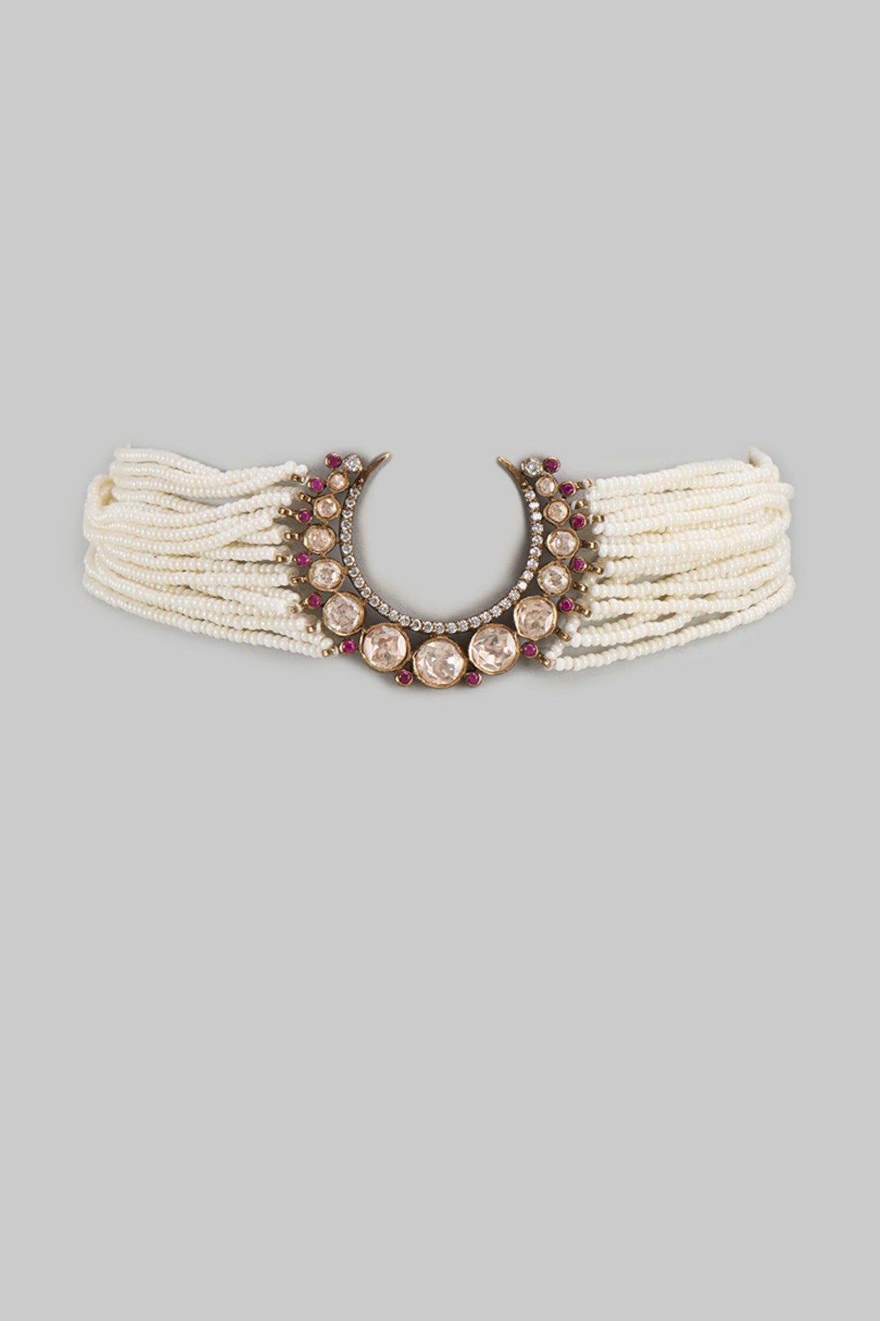 Gold Finish Kundan Polki & Seed Pearl Choker Necklace In Sterling Silver