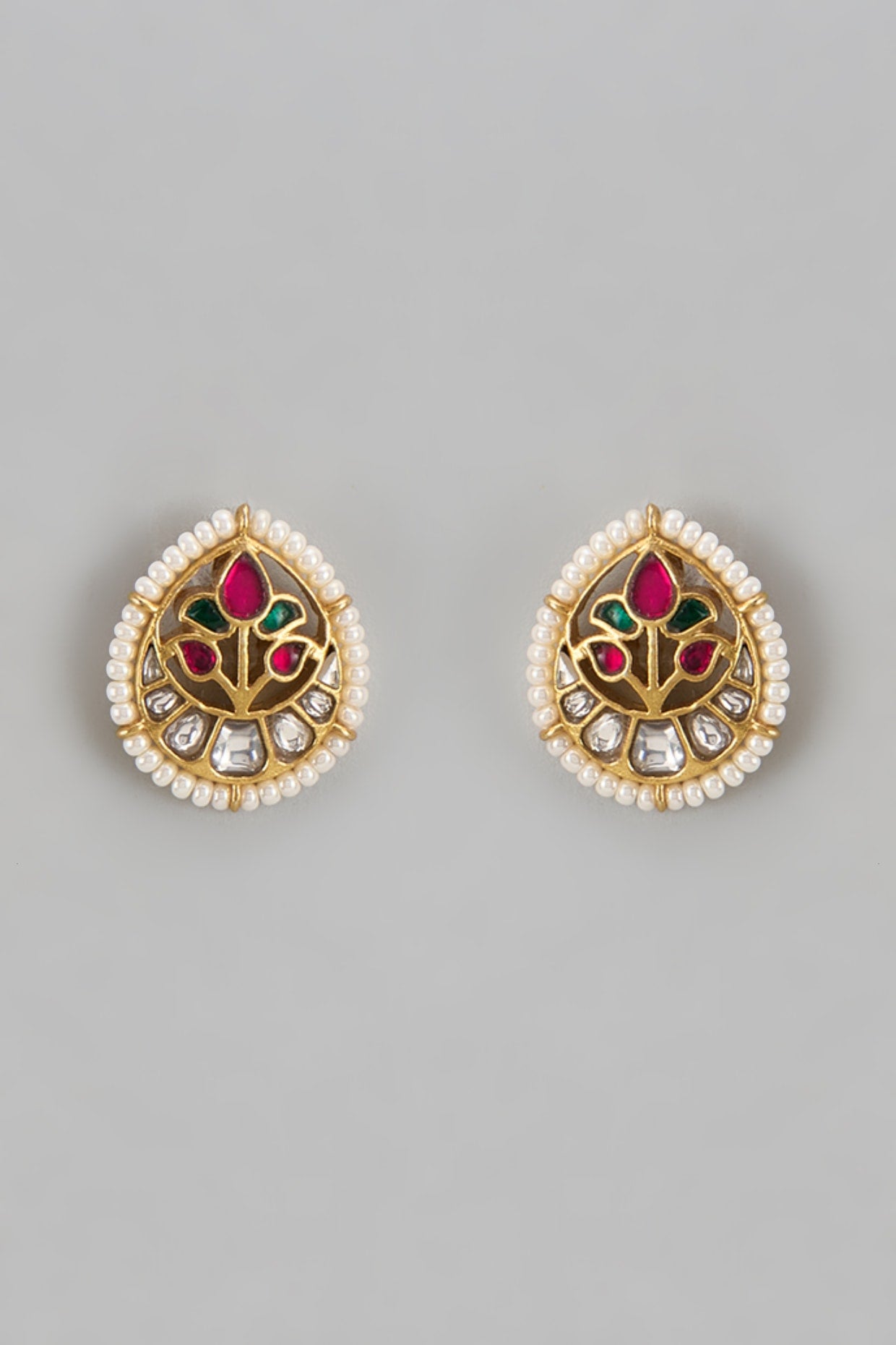 Gold Finish Multi-Colored Jadau Stone & Kundan Polki Floral Stud Earrings In Sterling Silver